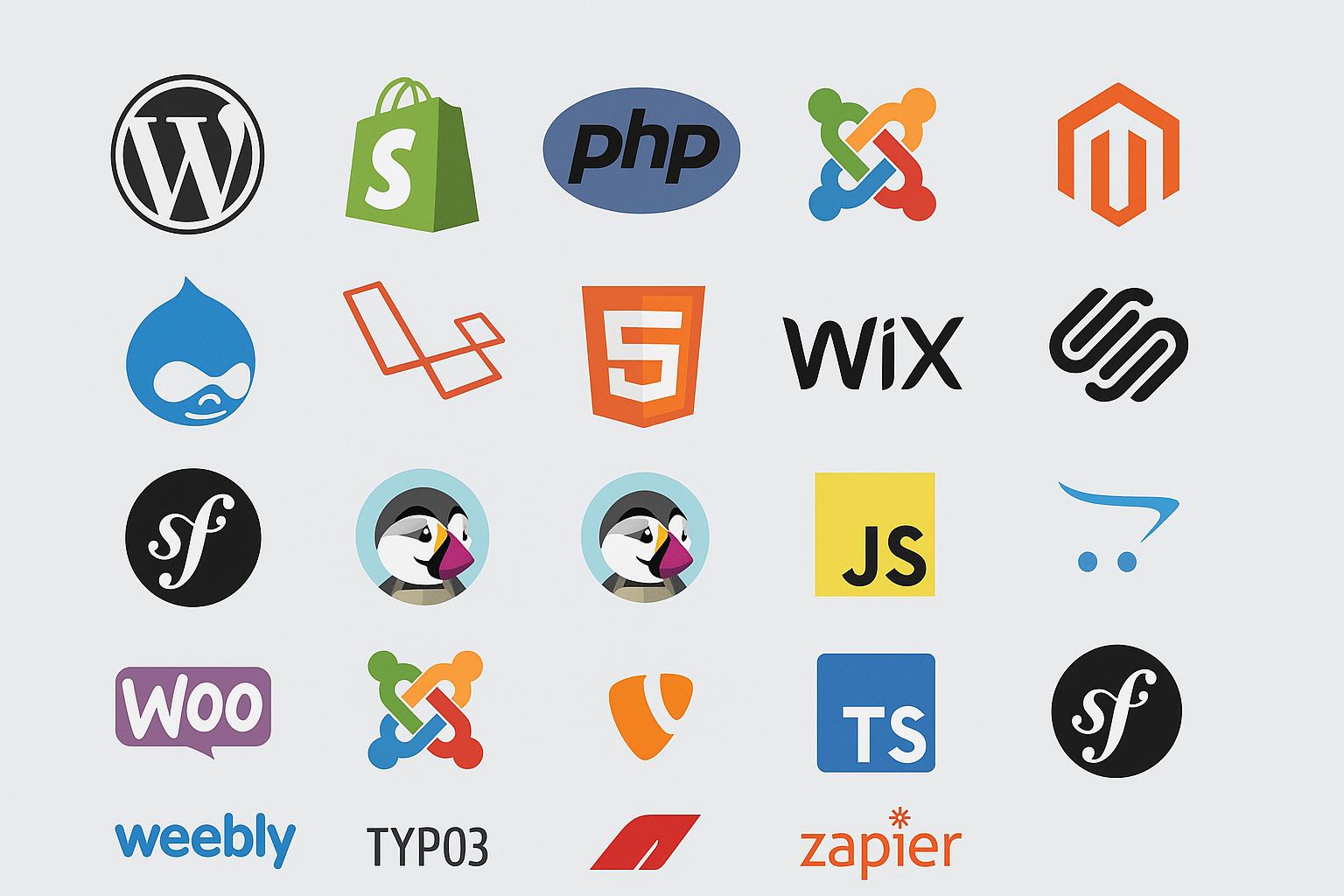 Logos von CMS, E-Commerce und Programmiersprachen: WordPress, Shopify, PHP, Joomla, Magento, Drupal, Laravel, HTML5, Wix, Squarespace, Symfony, PrestaShop, JavaScript, OpenCart, WooCommerce, TYPO3, TypeScript, Weebly, Neos, Zapier