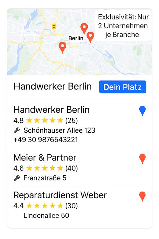 Google Maps und den lokalen Suchergebnissen - Handwerker Berlin mit hervorgehobenem Platz Darstellung der Google Maps Local Pack Ergebnisse für die Suche nach Handwerker Berlin. Drei Unternehmen werden unter der Karte gelistet, wobei ein Eintrag mit dem Hinweis ‚Ihr Platz‘ hervorgehoben ist. Am unteren Rand steht der Hinweis Exklusivität: Nur 2 Unternehmen pro Branche