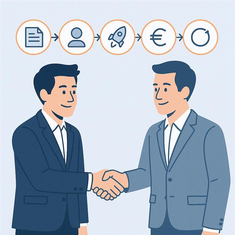 Einfacher Prozess – flexibel und transparent Zwei Geschäftspartner geben sich die Hand, über ihnen Symbole für Anfrage, Auswahl, Start, Pauschale und Flexibilität als Prozessdarstellung