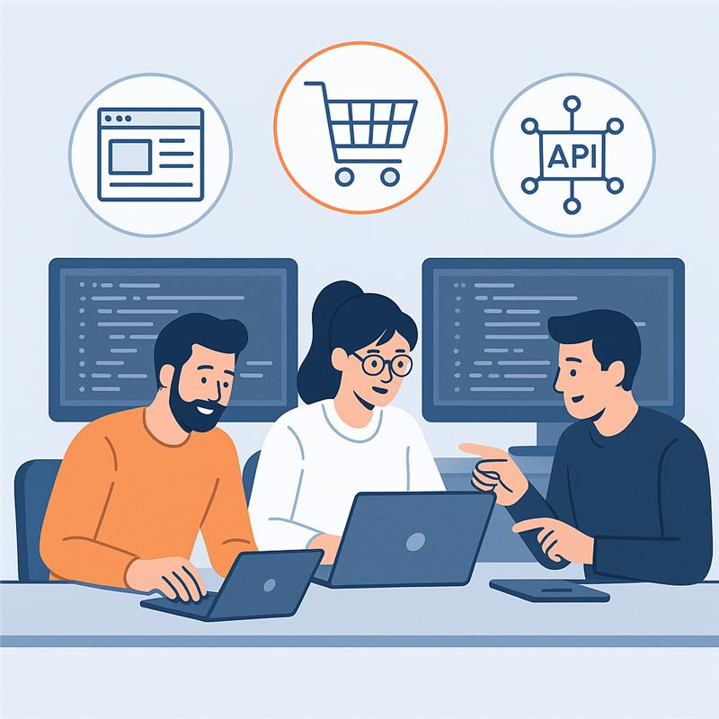 Entwickler für Webseiten, Shops unf individuelle Lösungen Drei Entwickler arbeiten gemeinsam an Laptops, Symbole für Webseite, Warenkorb und API stehen für Webentwicklung, Online-Shops und Programmierung