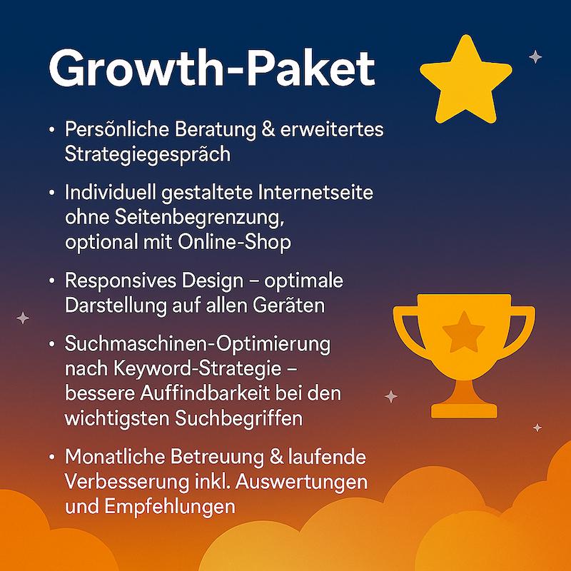 Grafik zum Growth-Paket: Hintergrund mit Farbverlauf von Blau zu Orange, goldenes Stern- und Trophäen-Symbol. Angebotsliste: persönliche Beratung und erweitertes Strategiegespräch, individuell gestaltete Internetseite ohne Begrenzung, optional mit Online-Shop, responsives Design für alle Geräte, Suchmaschinen-Optimierung nach Keyword-Strategie, monatliche Betreuung mit Auswertungen und Empfehlungen. Grafik zum Growth-Paket: Hintergrund mit Farbverlauf von Blau zu Orange, goldenes Stern- und Trophäen-Symbol. Angebotsliste: persönliche Beratung und erweitertes Strategiegespräch, individuell gestaltete Internetseite ohne Begrenzung, optional mit Online-Shop, responsives Design für alle Geräte, Suchmaschinen-Optimierung nach Keyword-Strategie, monatliche Betreuung mit Auswertungen und Empfehlungen.